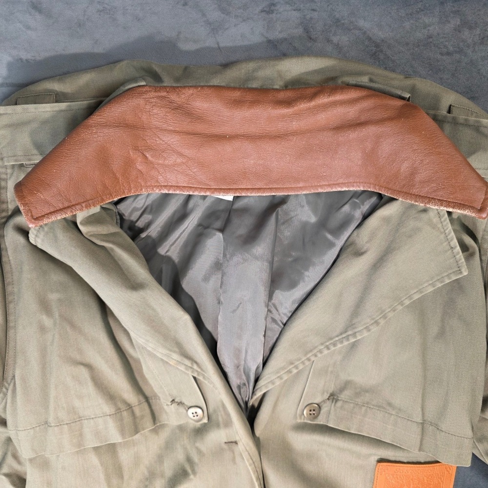 Vintage Co Ltd Olive Green Cotton Safari Trench Coat Leather Trim Size 10 - Picture 4 of 11